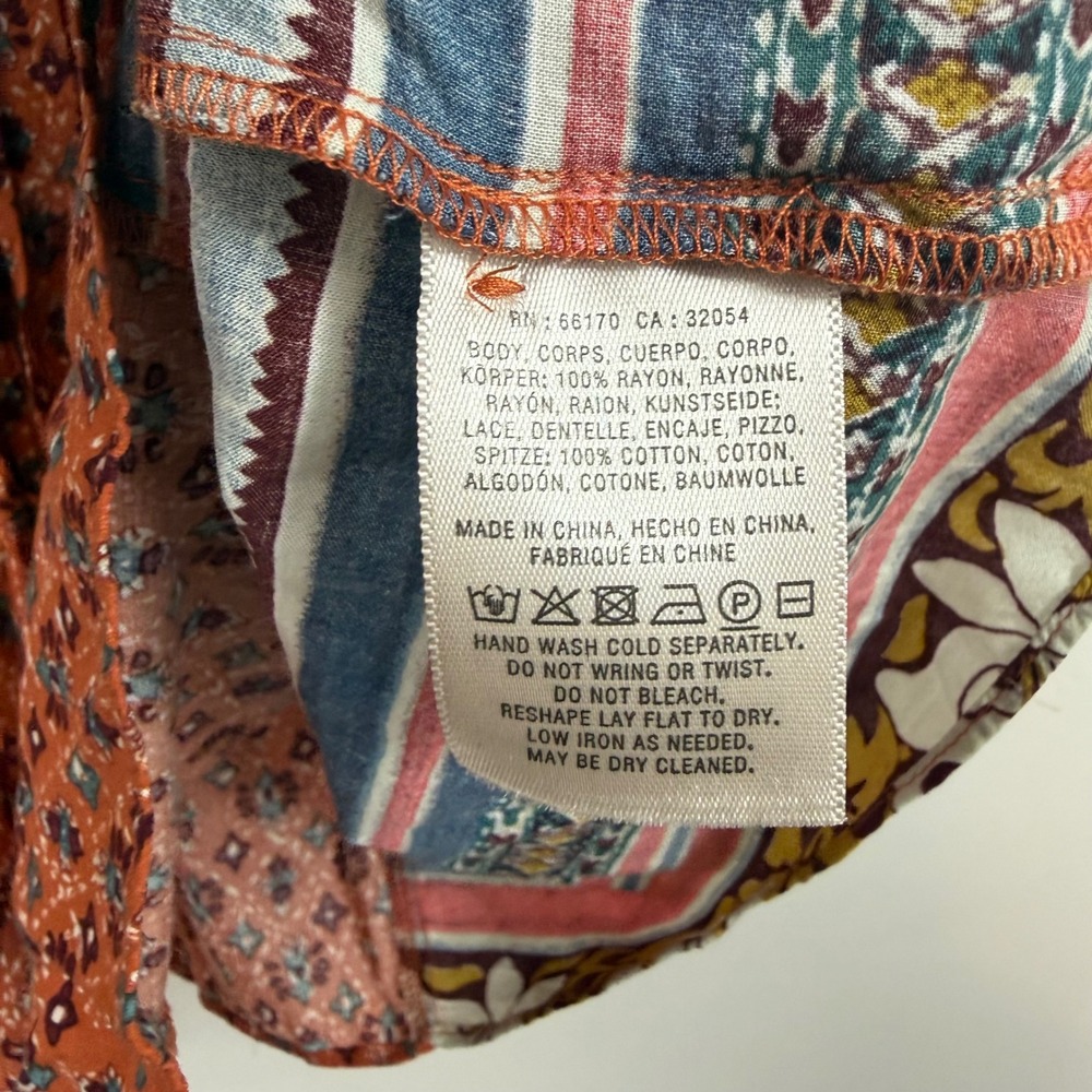 Maeve Anthropologie Mixed Print Blouse Sz 4 Orange Lace Bib Boho Ruffle Peasant - Picture 12 of 14